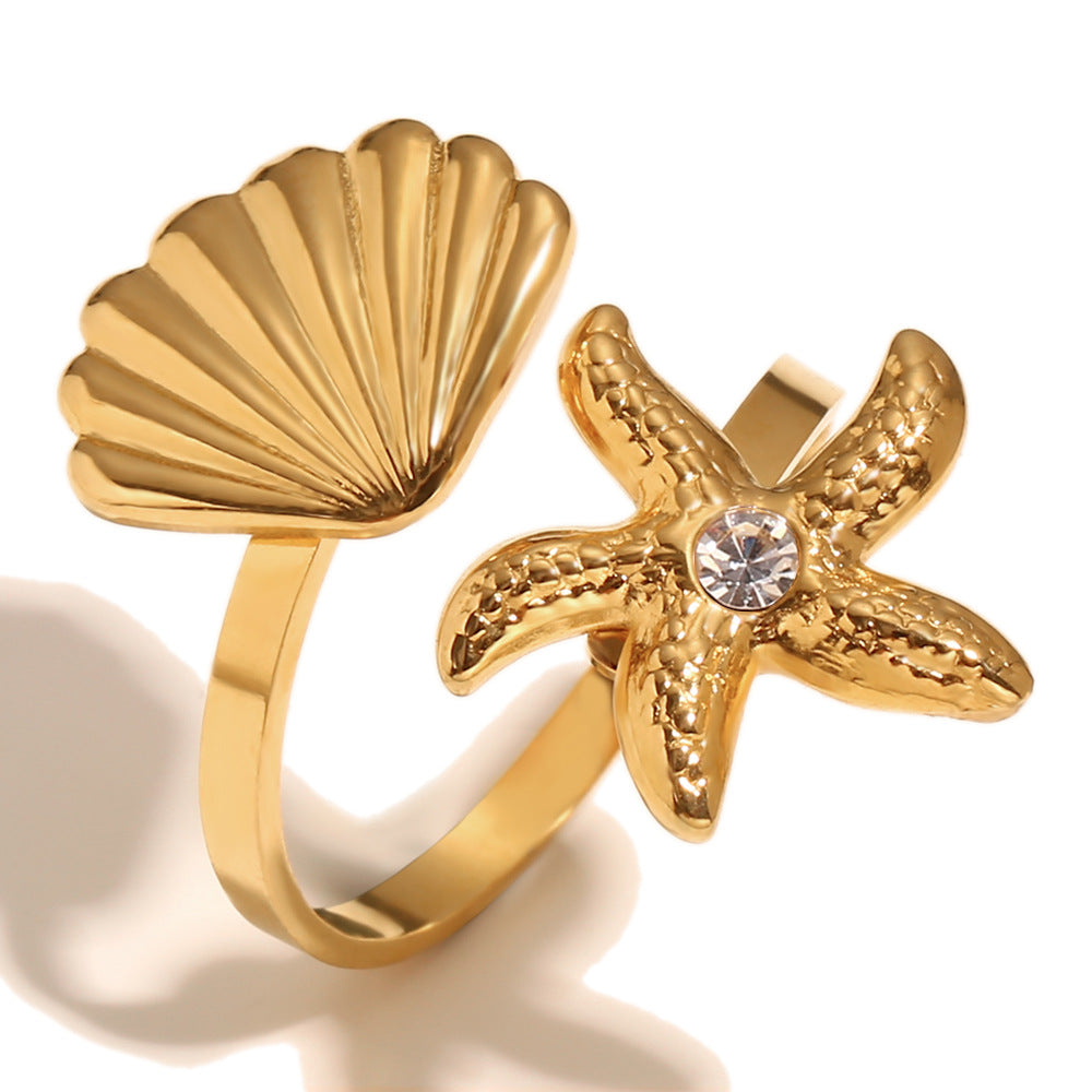 Anillo de Corazón Abierto de Acero Inoxidable con Baño de Oro de 18K y Motivo de Concha, Estilo Vacacional Oceánico y de Moda