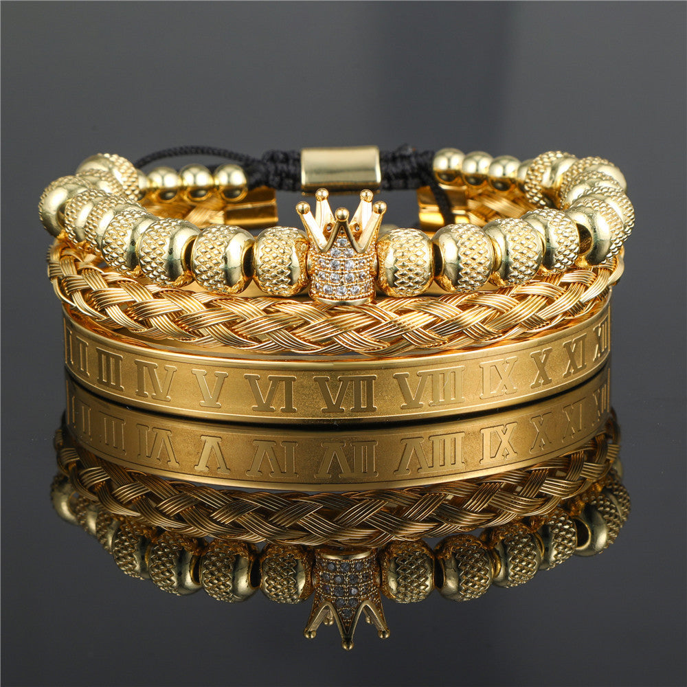 Personalized Double Leopard Head Black Agate Micro-set Cubic Zirconia Brass Stainless Steel Bracelet Set