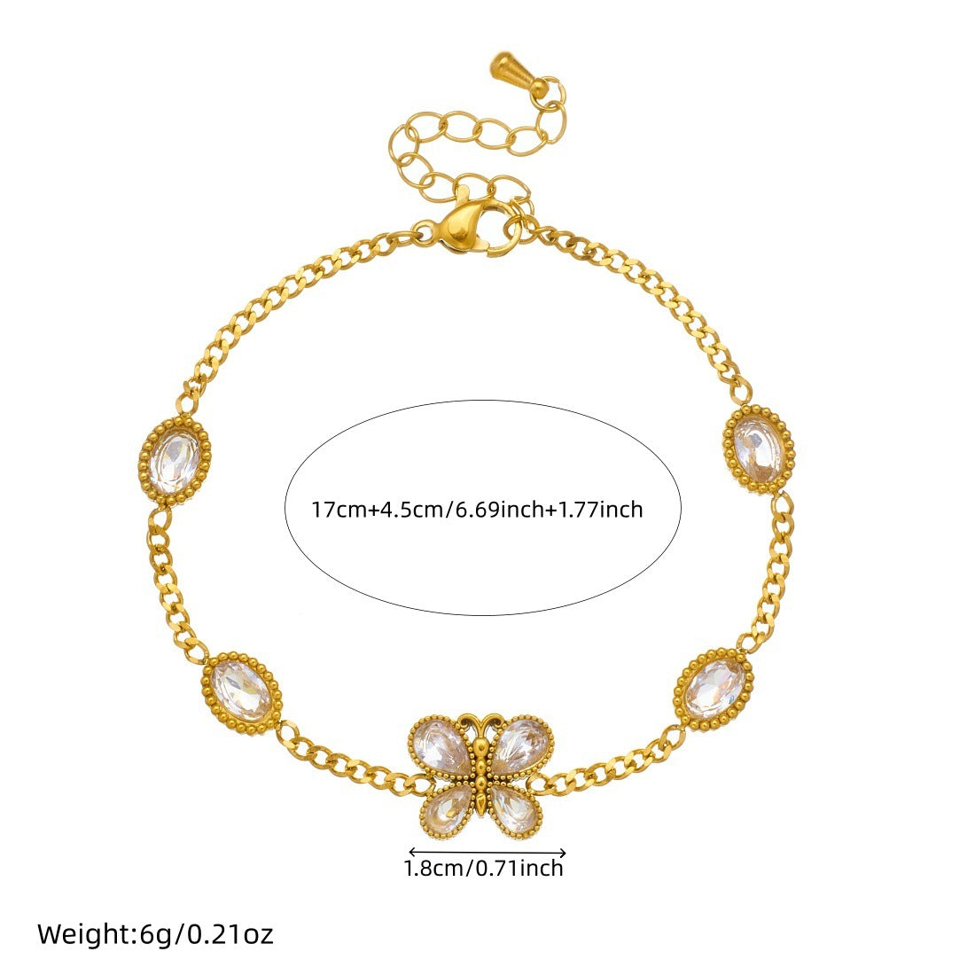 Minimalist Sweet Gold Plated Rhinestone Oval Butterfly Stainless Steel Bracelet