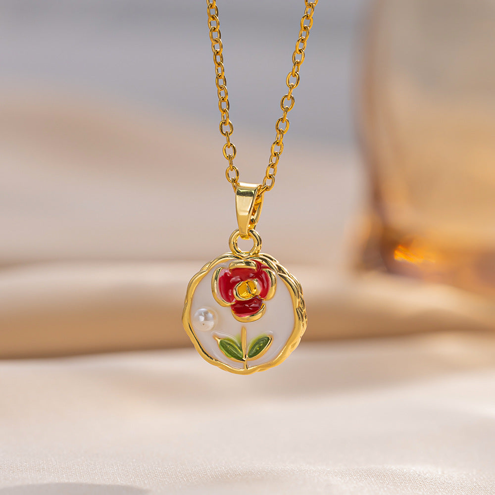 Elegant Floral Enamel Pendant Necklace for Women with Copper Charm and Titanium Steel O-Chain
