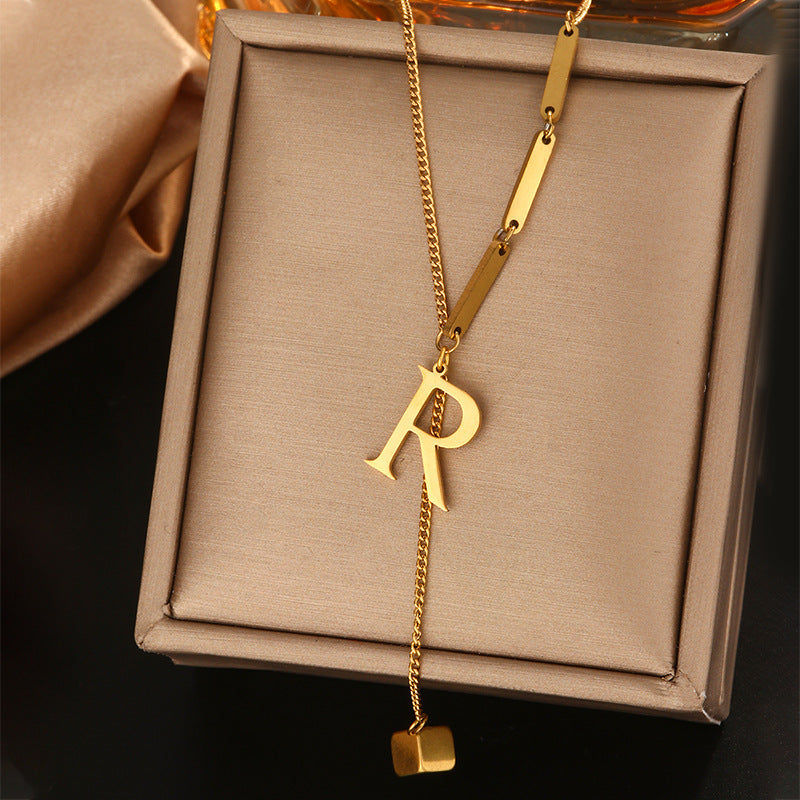 Minimalist Titanium Steel Letter Pendant Necklace with Tassel for Women