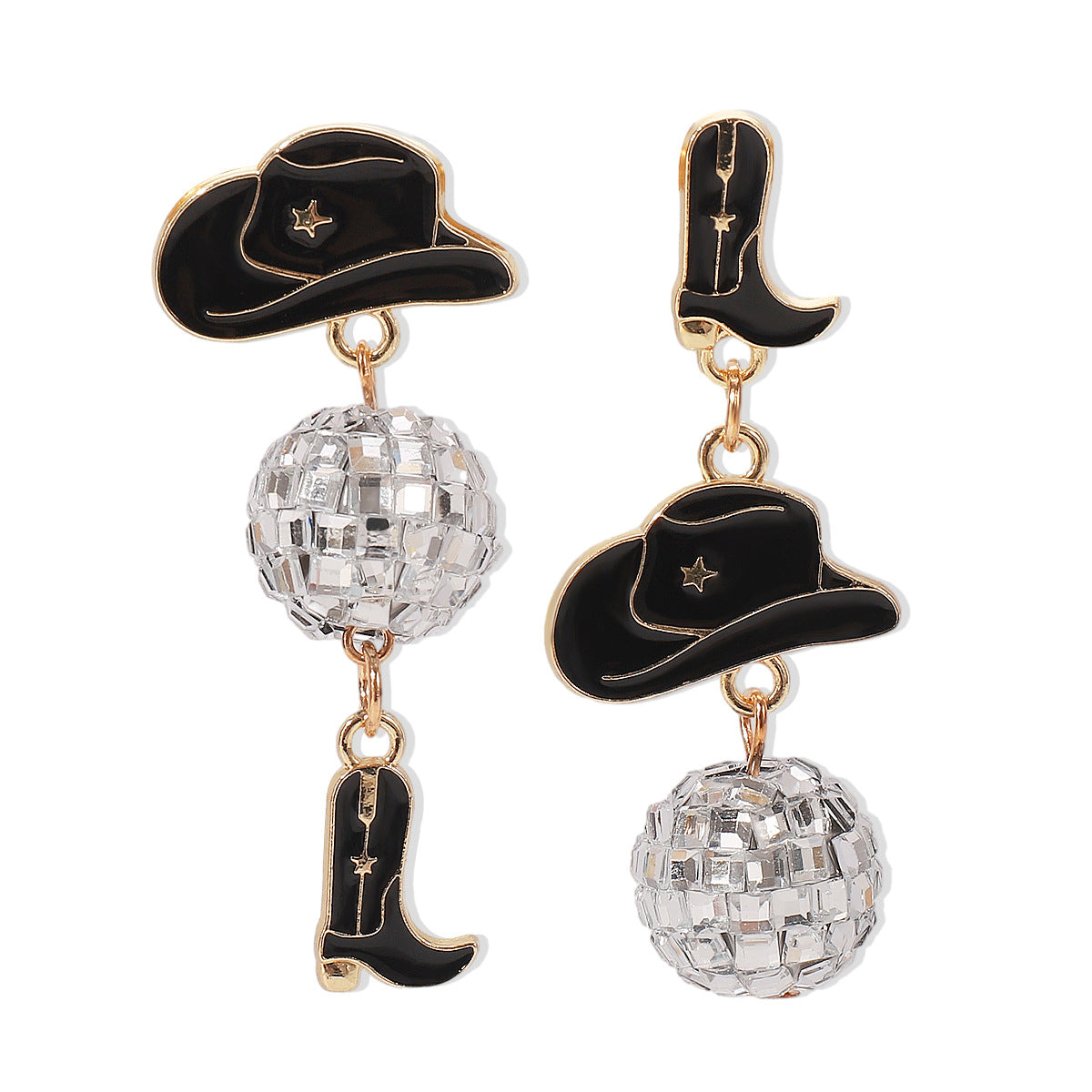Sweet-Edgy Asymmetrical Oil-Dripped Cowboy Western Style Earrings with Hat and Boot Motifs and Ball Accents in Alloy