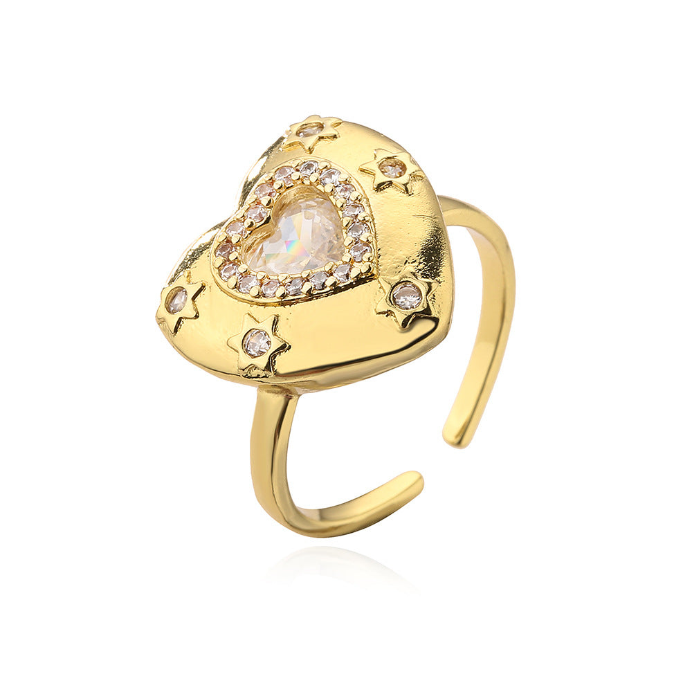 Vintage Geometric Open Ring for Women with Copper Base Plated in 18K Gold and Inlaid with Zircon Heart Accent