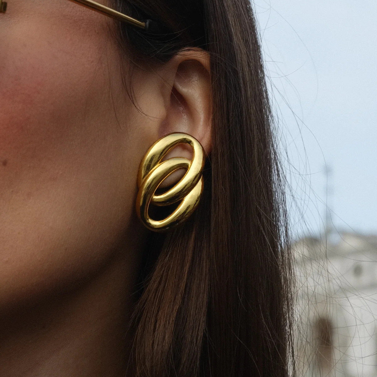 Minimalist 18K Gold Plated Geometric Double Round Hoop Earrings Stainless Steel