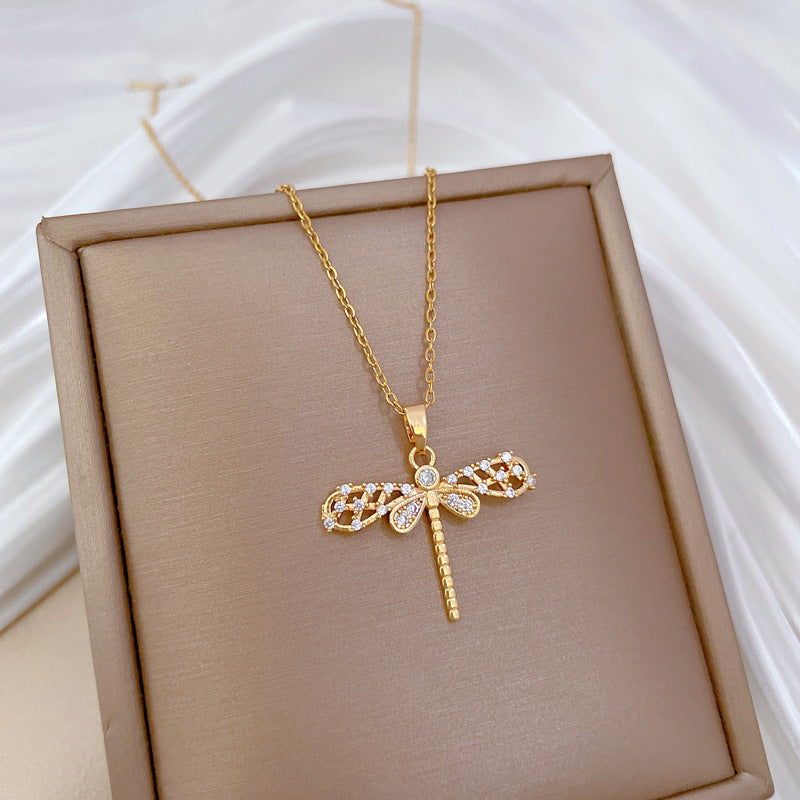 Luxury Hollow-Out Rhinestone Dragonfly Pendant Necklace for Women Titanium Steel Delicate Clavicle Chain with Geometric Design