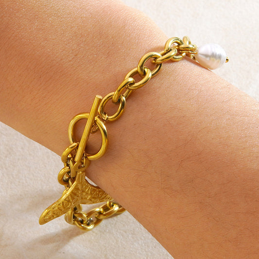 Minimalist Stainless Steel Plated Fish Tail Pearl Bracelet with OT Clasp
