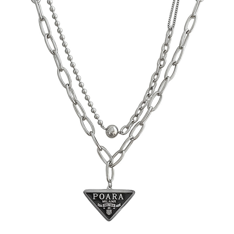 Gold Plated Titanium Steel Double Layer Necklace with Triangle Letter Pendant and Ball Detail