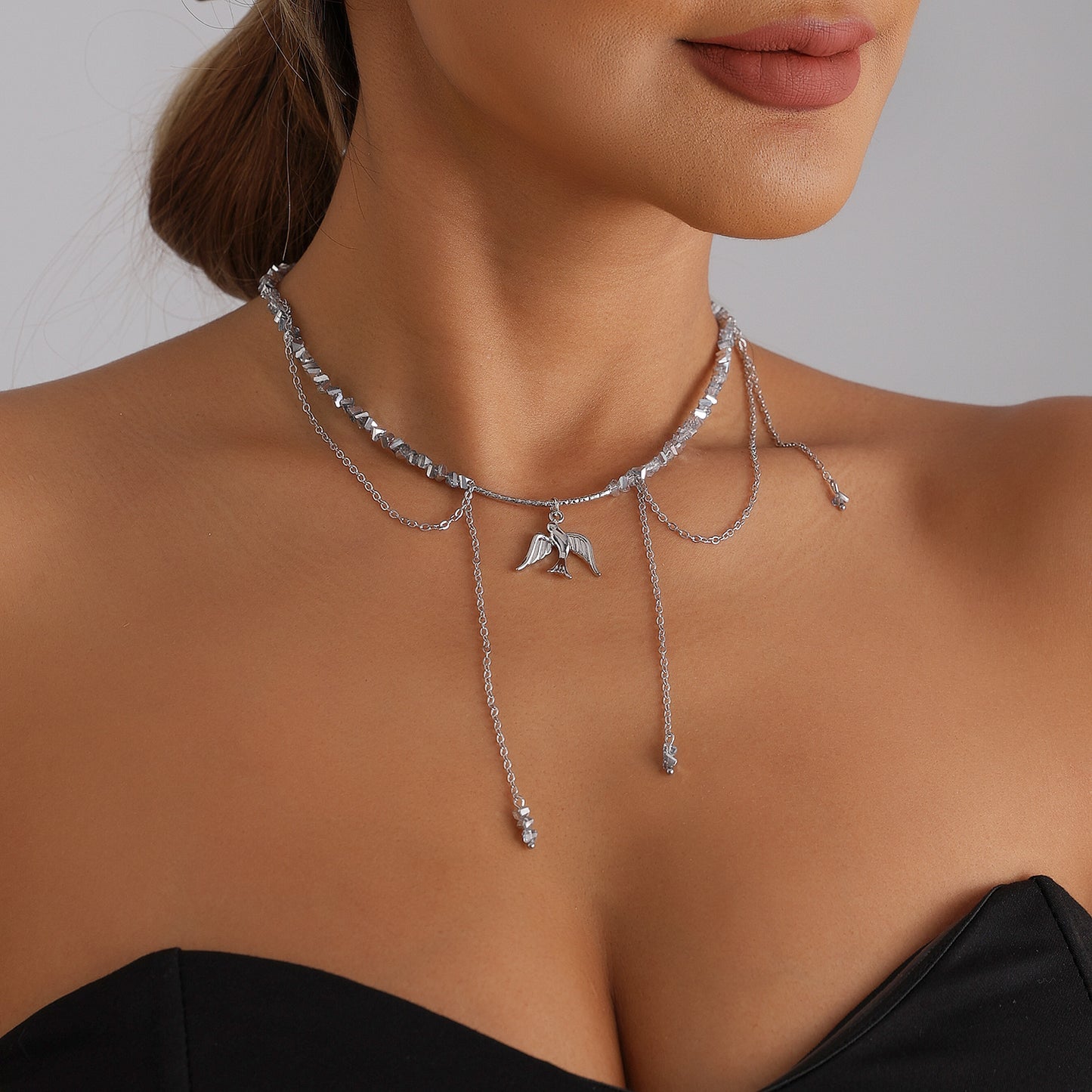 Fashion Faceted Triangle Crystal Bird Tassel Alloy Necklace for Women