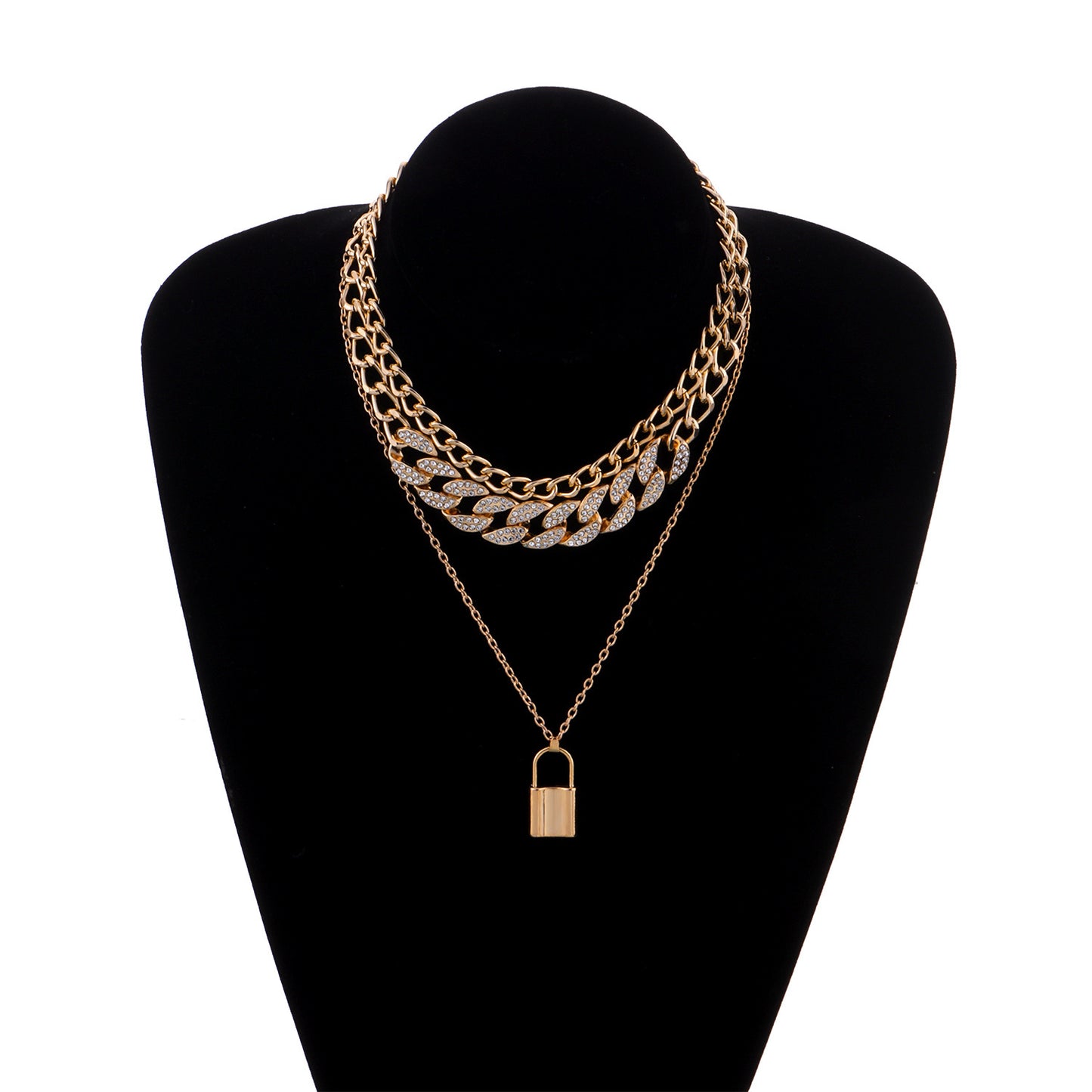 Geometric Alloy Lock Pendant Necklace for Women, Multi-Layer Rhinestone-Embedded Chain Jewelry, Elegant and Versatile