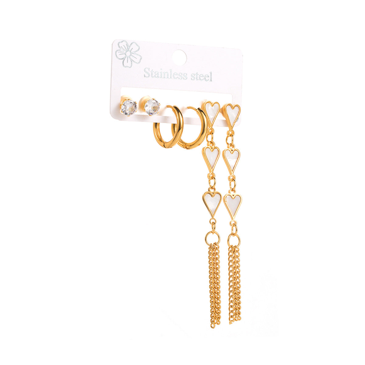Minimalist Titanium Steel Earrings Set with Shell Inlay Heart Butterfly and Floral Motifs for Women