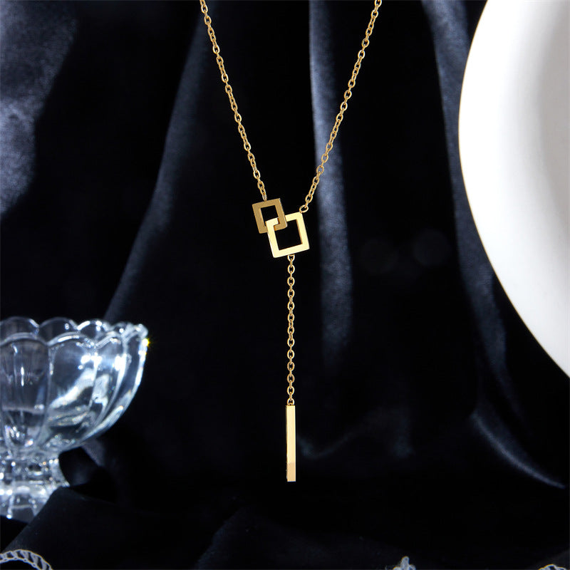 Minimalist Geometric Square Long Tassel Titanium Steel Necklace with Plating Finish for Women