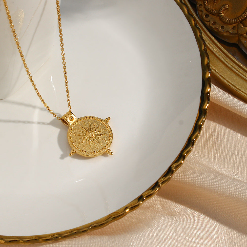 Vintage-Style Geometric Sun Compass Pendant Necklace in Stainless Steel with 18K Gold Plating for Women