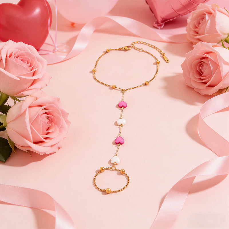 Elegant 18K Gold Plated Heart Geometric Stainless Steel Ball Chain Finger Bracelet for Women