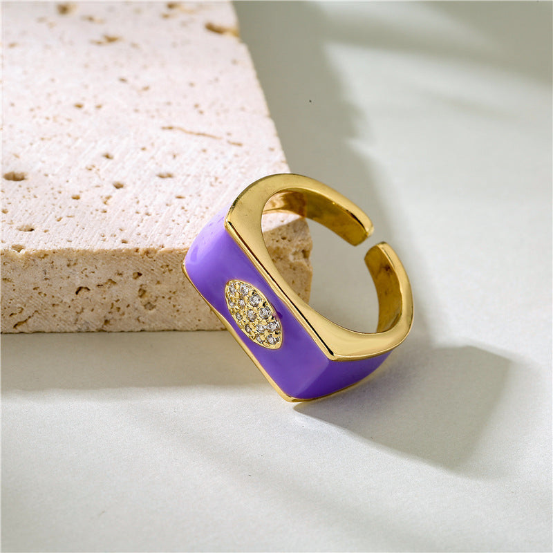 Geometric Drip Oil Gold Plated Brass Ring with Cubic Zirconia for Women