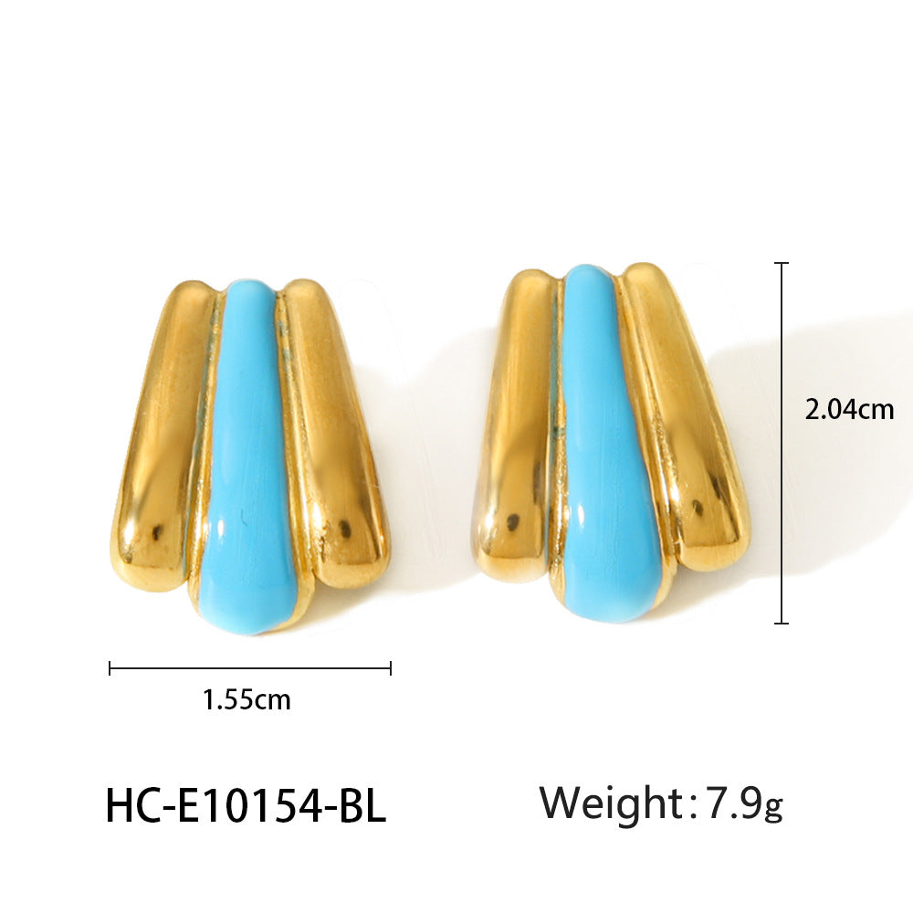 Geometric Fan-Shaped Enamel Stainless Steel Earrings with 18K Gold Plating for Women