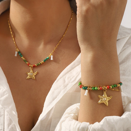 Collana con pendente a stella bohémien in acciaio inossidabile con design geometrico, finitura galvanizzata, da donna