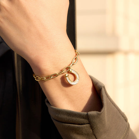 Minimalist Geometric Horseshoe U-Shape Stainless Steel Plated Cubic Zirconia Bracelet for Women
