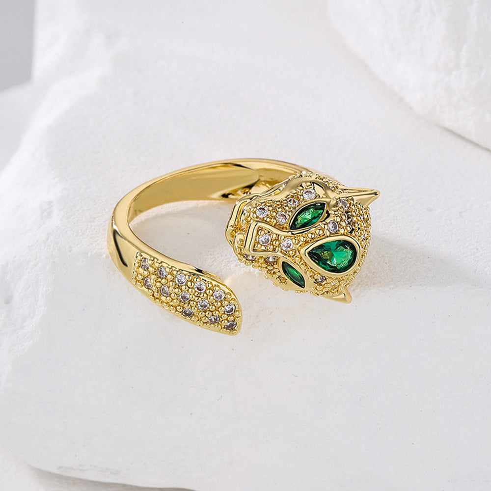 Minimalist Geometric Leopard-Shaped Copper Ring with 18K Gold Plating and Micro-Pavé Zirconia for Women