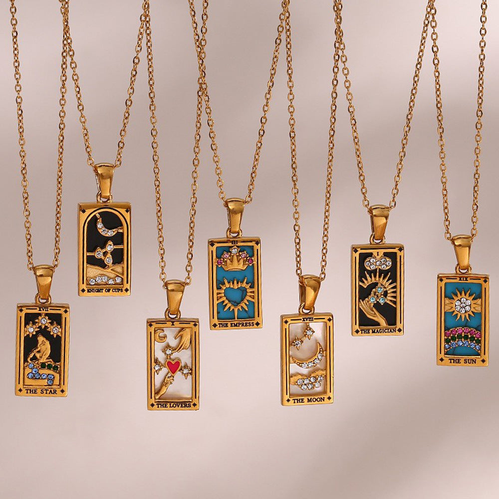 Fashionable Vintage Rectangular Titanium Steel Pendant Necklace with Enamel Finish and Zircon Inlay for Women