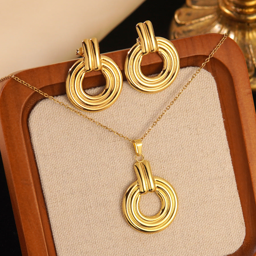 Collana e Orecchini in Acciaio Inossidabile Placcato, a Pois Tondi Geometrici, con Pendente in Acciaio al Titanio su Catenina, Unisex