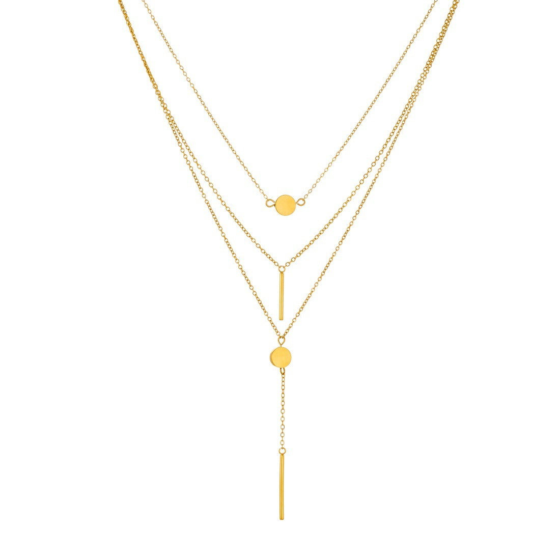 Minimalist Gold Plated Stainless Steel Round and Rectangle Pendant Layered Necklace with Tassel for Women