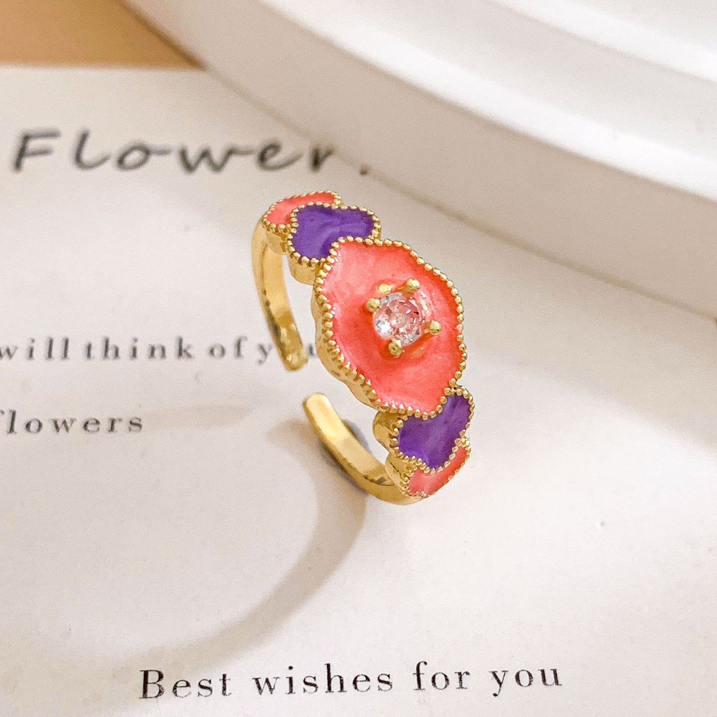 Anello aperto dolce floreale in ottone placcato oro da donna