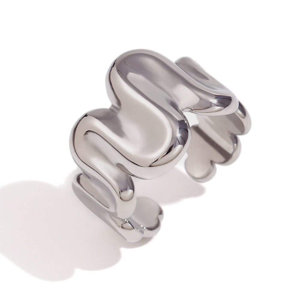 Anello da donna a forma di ventaglio in acciaio inossidabile placcato oro 18 carati con onda geometrica vintage
