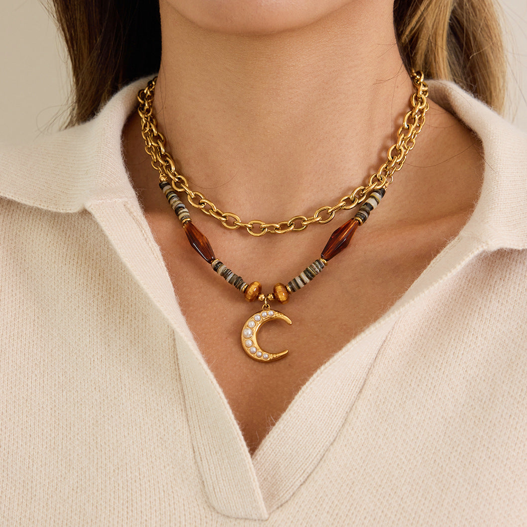Collana con Pendente a Luna Geometrica Minimalista da Donna in Acciaio Inox con Placcatura in Oro PVD Sottovuoto