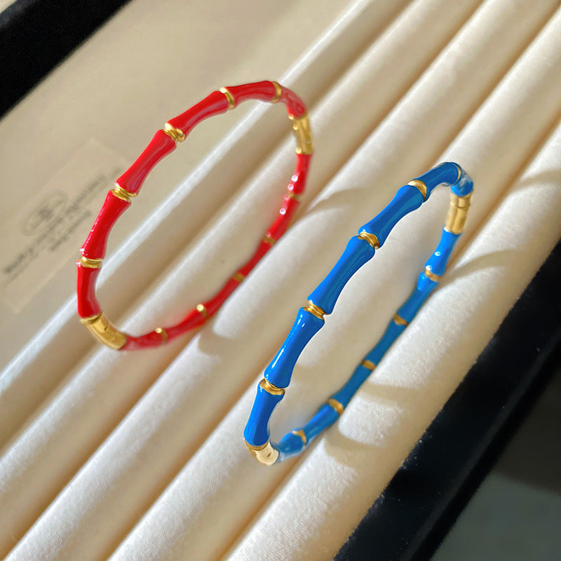 Vintage Red Enamel Geometric Bamboo Titanium Steel Bangle Bracelet for Women