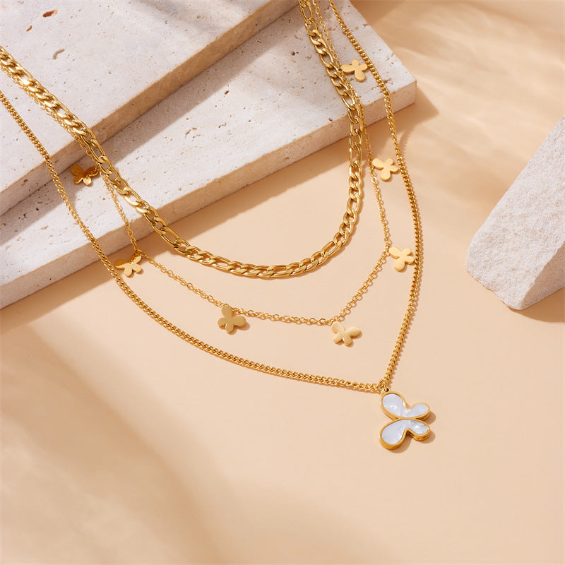 Fashion Layered Stainless Steel Plated Butterfly Shell Pendant Necklace for Women
