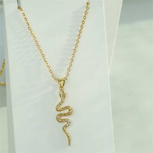Minimalist Snake-Shaped Pendant Necklace for Women in Copper with Micro-Paved Zirconia and 18K Gold Plating