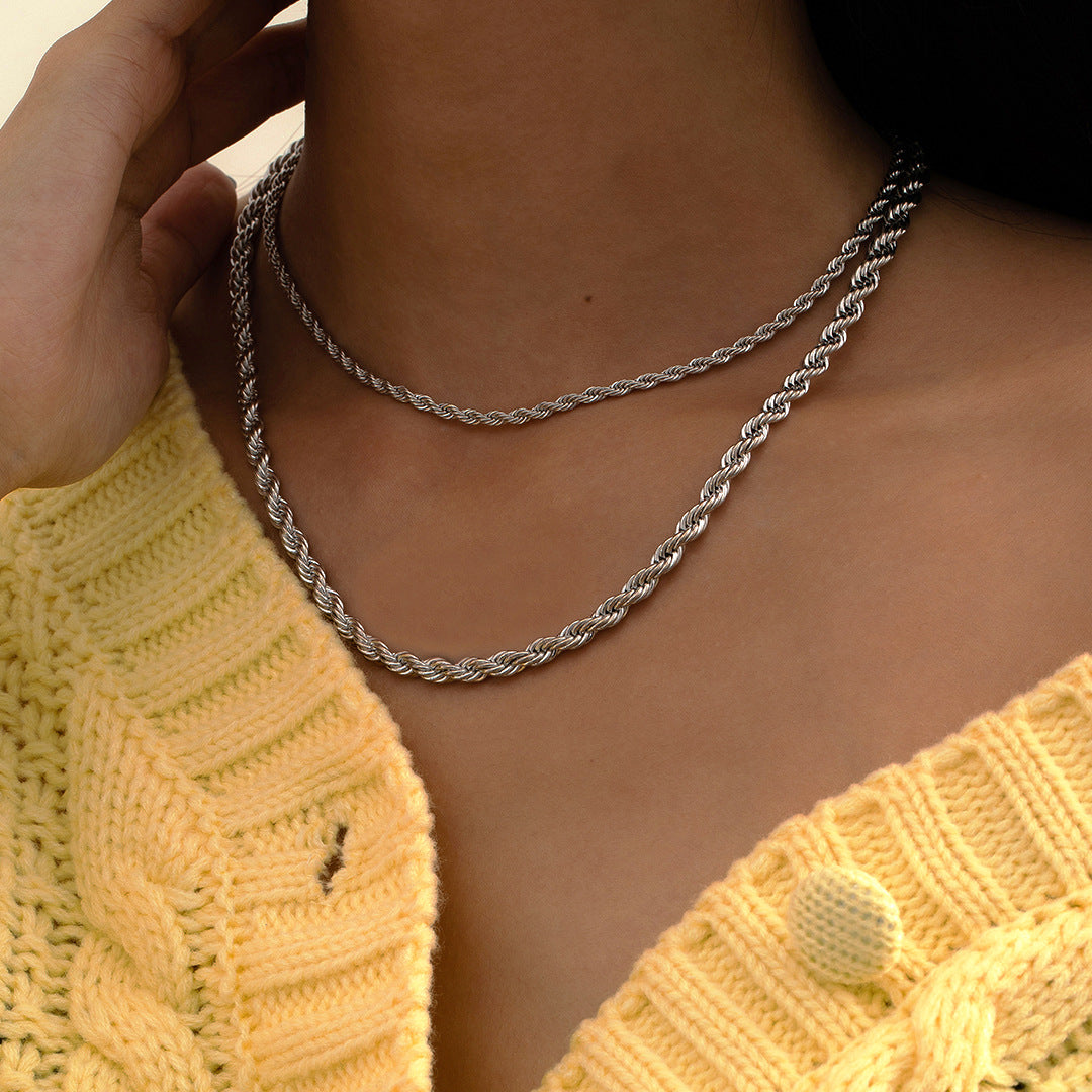 Minimalist Hip-hop Geometric Plated Iron Rope Chain Necklace Double Layer Set for Women