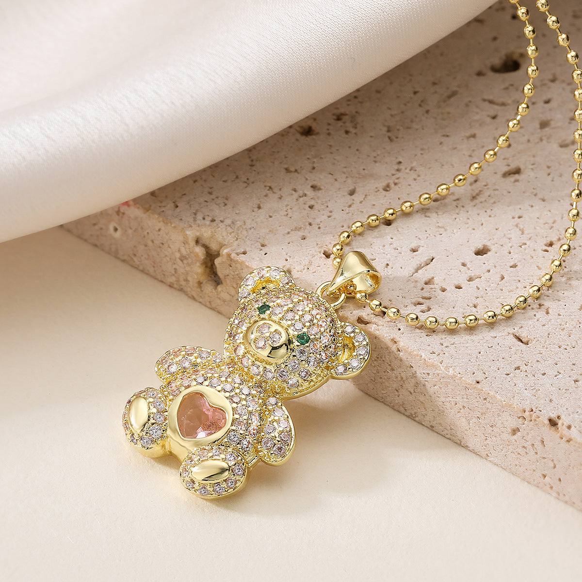 Minimalist 18K Gold Plated Brass Cubic Zirconia Bear Pendant Necklace for Women