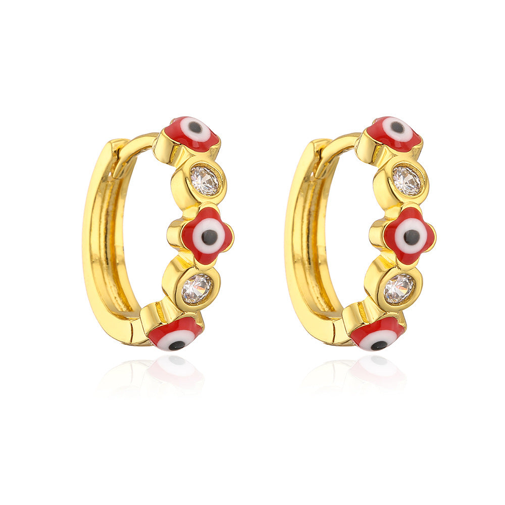 Orecchini da donna geometrici mini retrò a forma di occhio diabolico in rame con placcatura in oro 18K e intarsio di zirconi