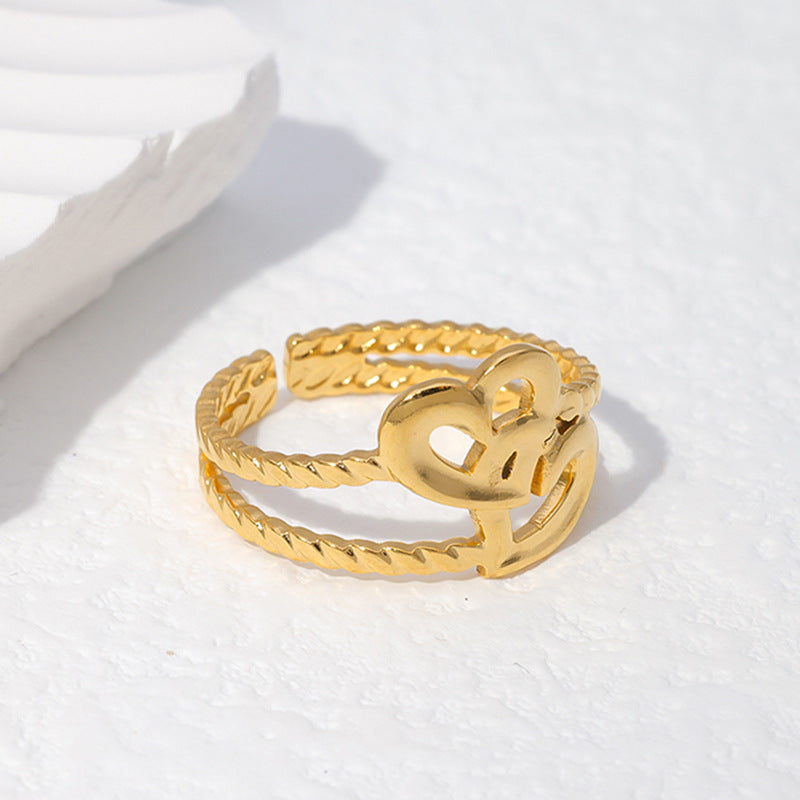 Anello Aperto Regolabile Minimalista e Carino in Acciaio Inossidabile Placcato Oro 18K a Forma di Croce e Cuore da Donna