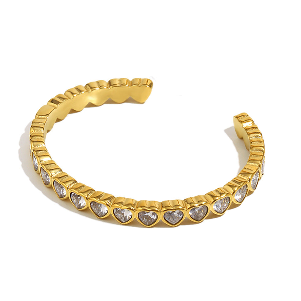 Minimalist Heart-Shaped Stainless Steel Plated 18K Gold Zirconia Full-Pavé Bracelet for Women