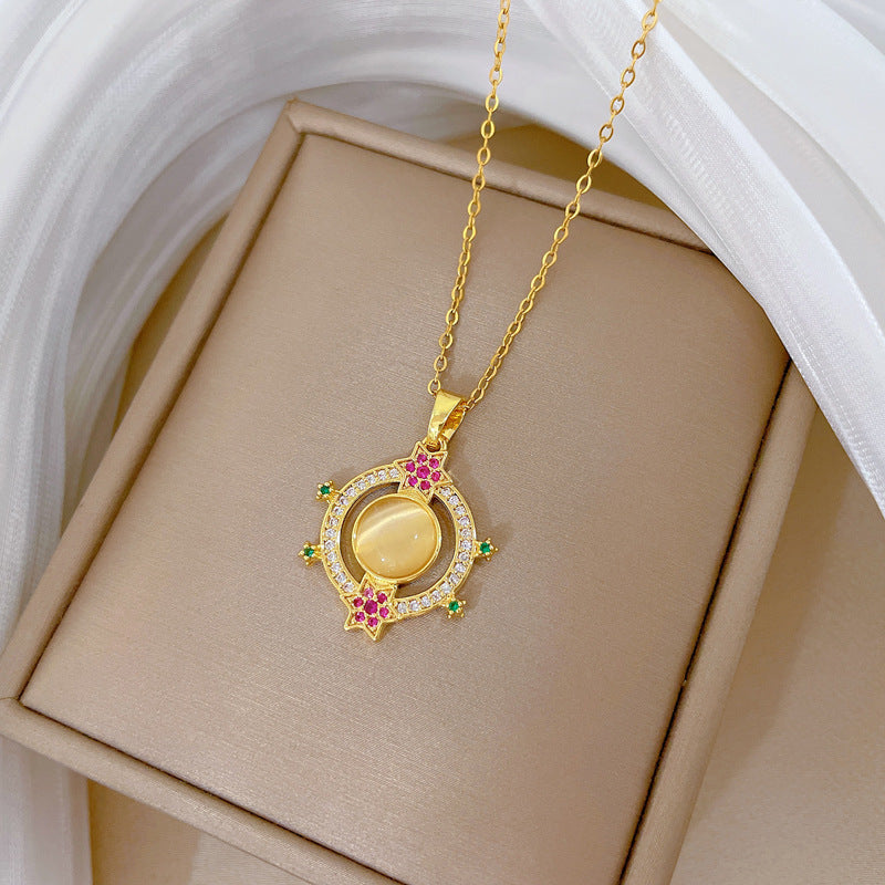 Cartoon Style Cat's Eye Round Hoop Necklace for Women Stainless Steel Minimalist Geometric Pendant with Rhinestone Accents