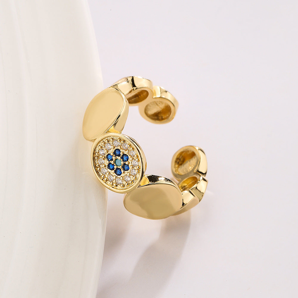 Geometric Open Ring for Women with Copper Base Plated in 18K Gold and Micro-Paved Zirconia