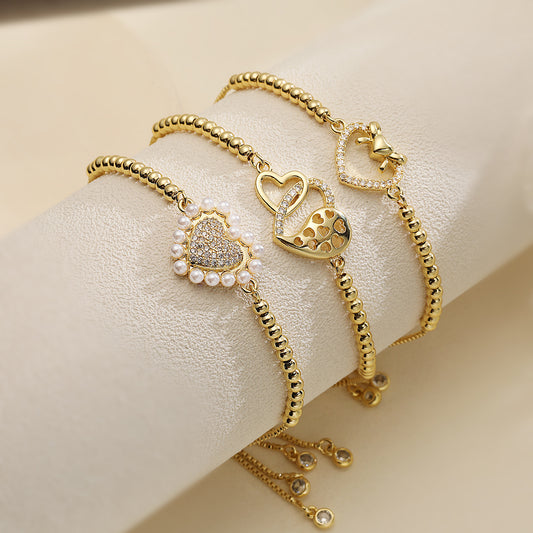 Pulsera Minimalista de Cobre con Forma de Corazón, Baño de Oro de 18K y Detalles de Circonitas para Mujer