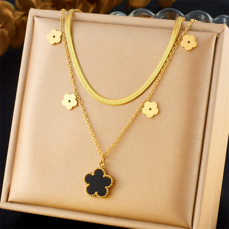 Minimalist Casual Double Layer Heart Butterfly Floral Stainless Steel Plated Pendant Necklace with Snake Chain for Women