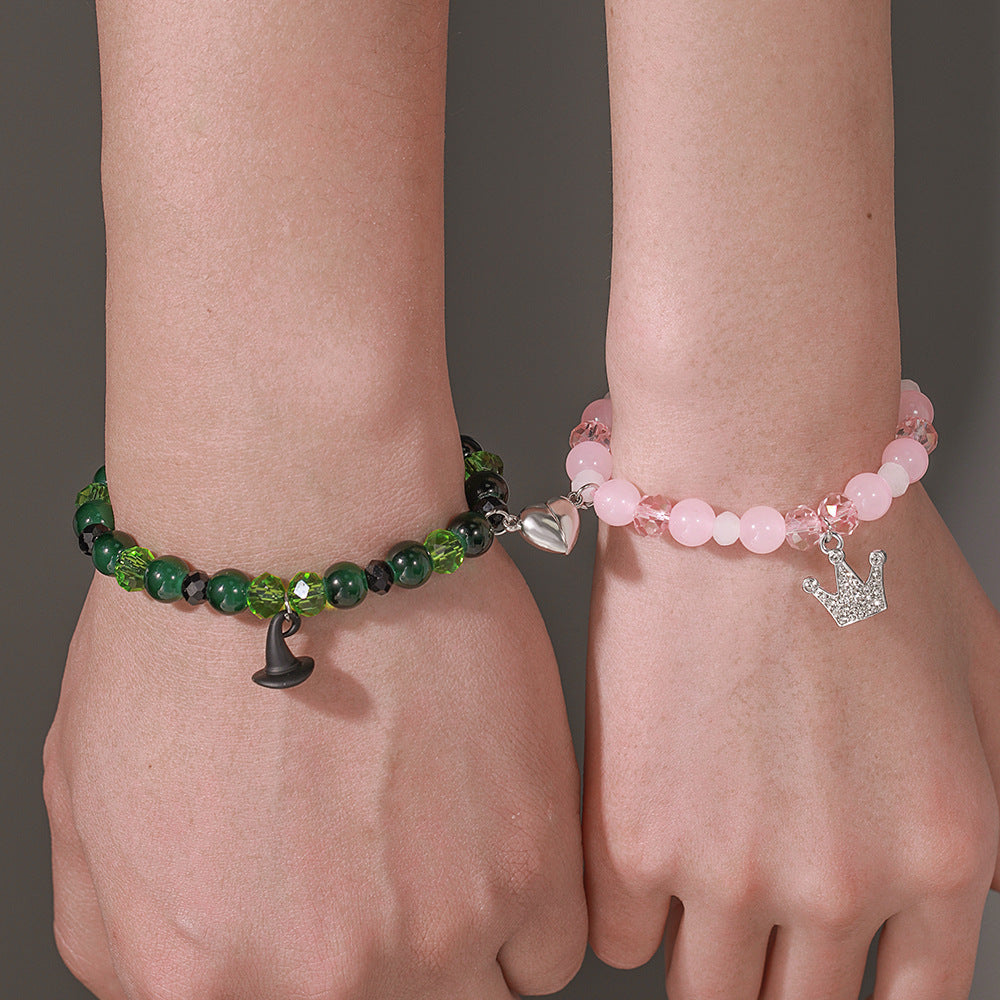 Geometric Heart Beaded Bracelet with Rhinestone Inlay and Magnetic Clasp for Unisex