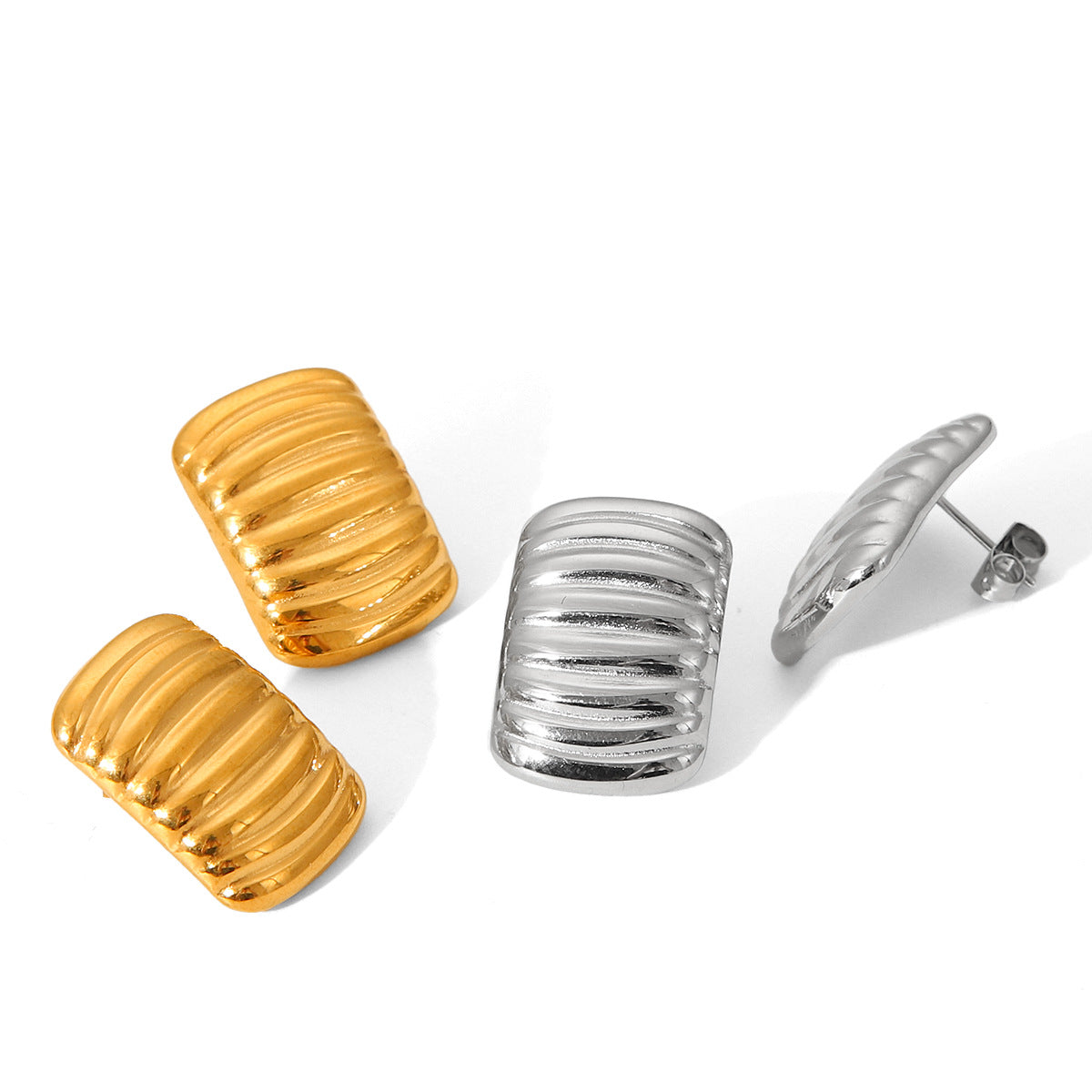 Minimalist Wave-Shaped Titanium Steel Earrings with 18K Gold Plating for Women, Geometric Square Stripe Design, Hypoallergenic Stainless Steel Posts
