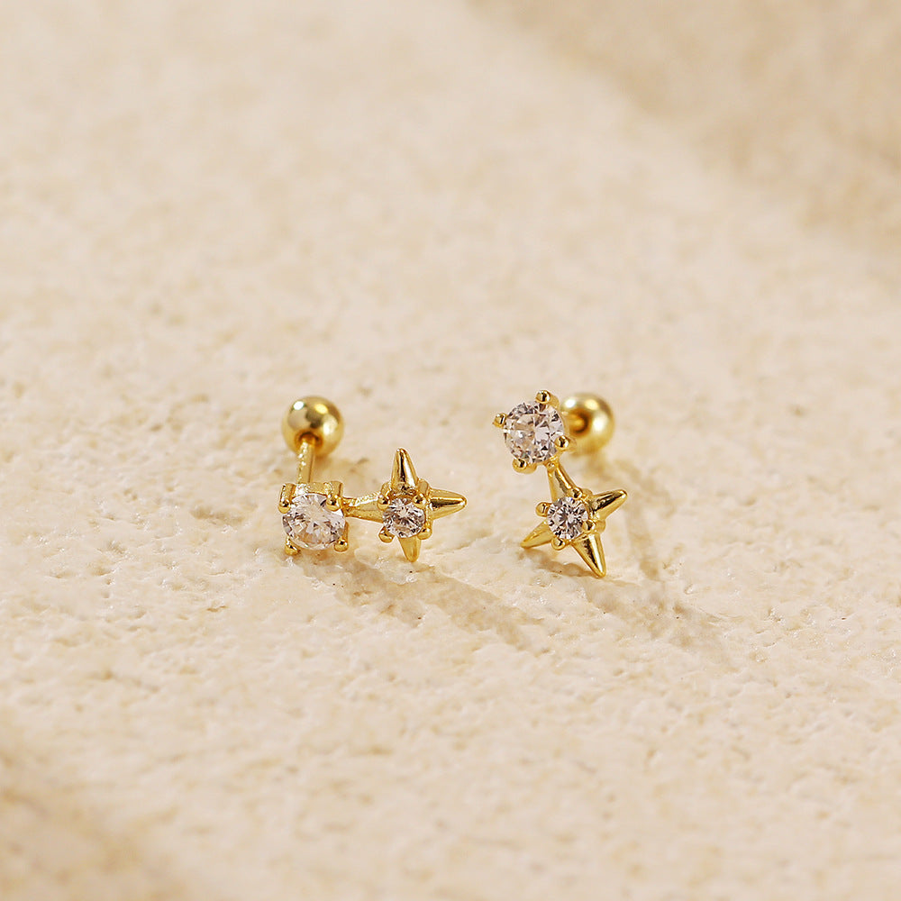 Minimalist 925 Sterling Silver Geometric Star Stud Earrings with Rhinestone Inlay