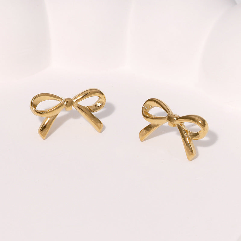 Minimalist Bow-Shaped Stainless Steel Stud Earrings for Women with Plated Finish