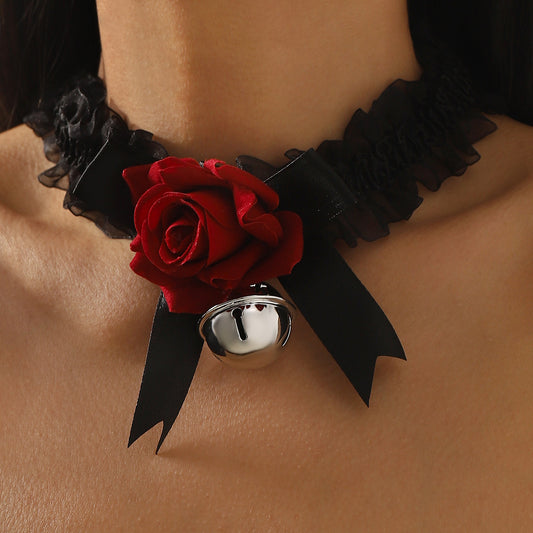 Dark Romantic Bow and Rose Floral Choker Necklace with Lace and Iron Chain for Women