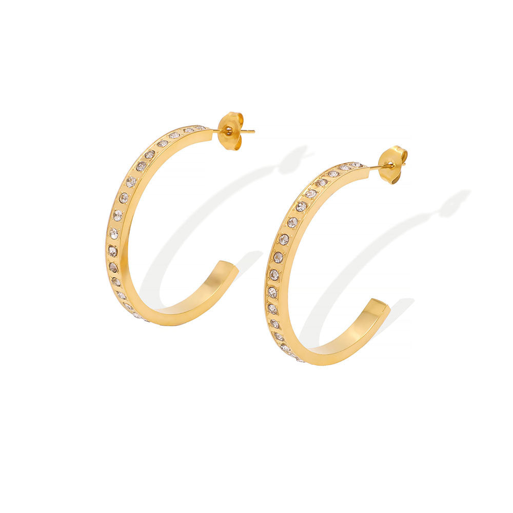 Minimalist C-Shaped Rhinestone-Embellished Stainless Steel Earrings for Women with Vacuum Plated 18K Gold Finish