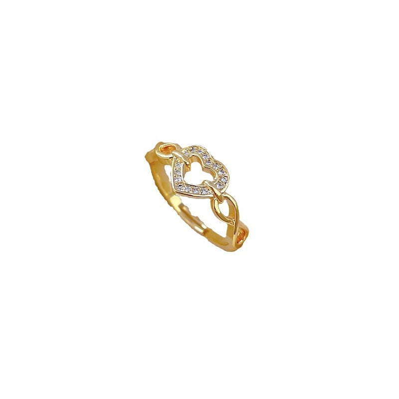 Adjustable Heart Ring with Full Rhinestone Inlay, Plated Brass, Kawaii Fresh and Sweet Style Women's Band Ring