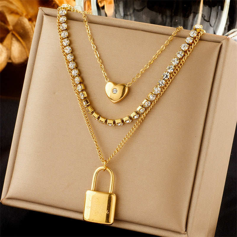 Vintage Luxury Gold Plated Heart Butterfly Round Stainless Steel Necklace with Pearl Multi-Layer