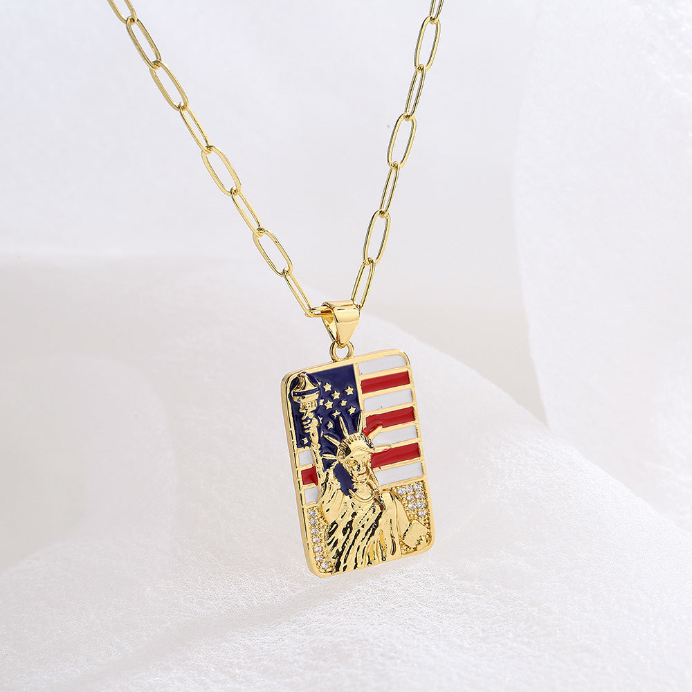 Minimalist Square Liberty Goddess Pendant Necklace for Women with Copper Base Plated in Real Gold and Enamel Finish with Micro-Pave Zirconia