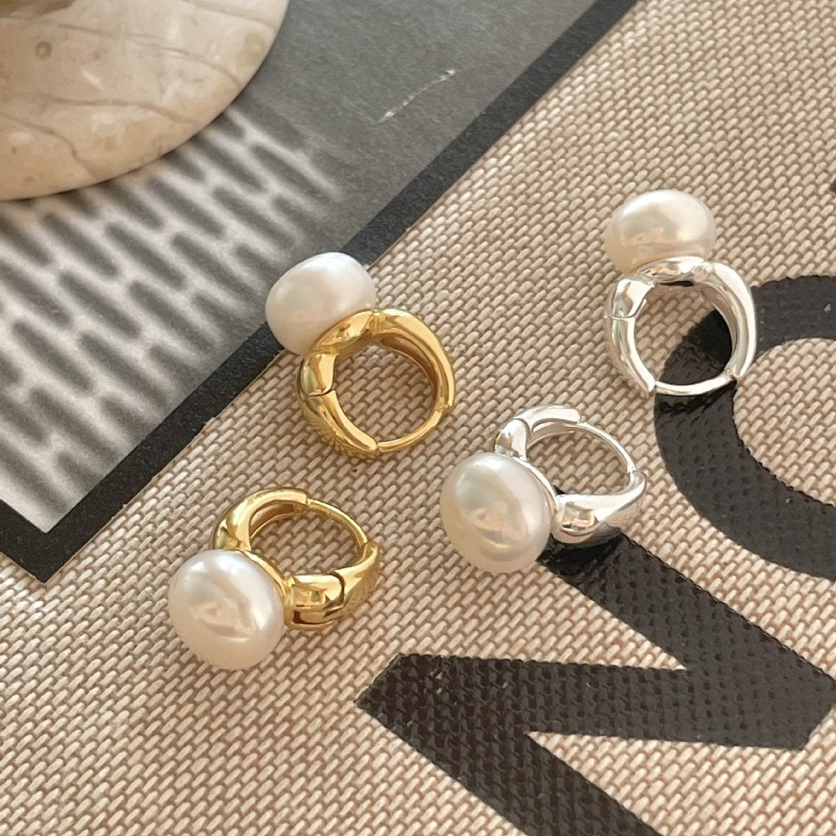 Minimalist Pearl Stud Earrings in 925 Sterling Silver with Gold Plating, Letter-Shape Design, Fresh and Sweet Style